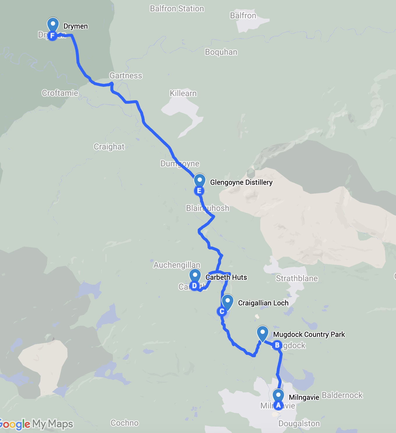 The route of day 1 of the West Highland Way hike in Scotland